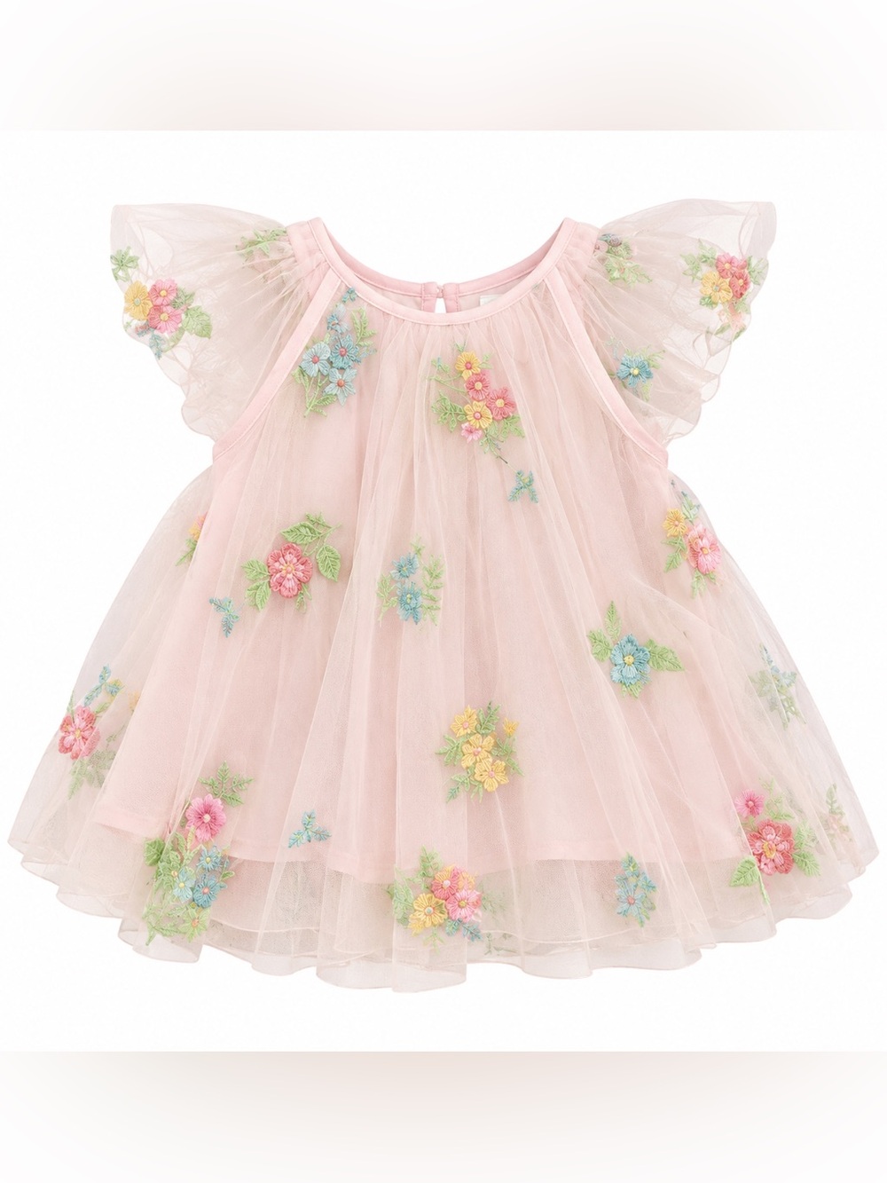 Girls' Pink Floral Embroidered Tulle Party Dress
